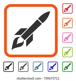Missile Flight icon. Flat gray pictogram symbol in an orange rounded rectangular frame. Black, gray, green, blue, red, orange color variants of Missile Flight vector.