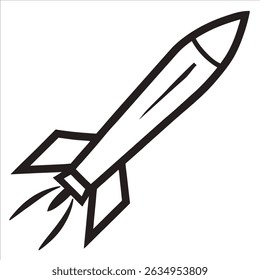 Misil en vuelo ilustrado en estilo de arte de línea continua limpia que captura la dinámica de movimiento y la aerodinámica ideal para ilustraciones de aviación militar y defensa