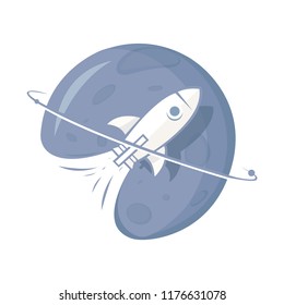 The missile is flying to the moon. A rocket to the moon. Startup concept with rocket launch. Business banner with spaceship. Vector illustration.