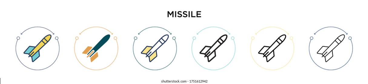 Missile-Symbol in voller, dünner Linie, Umriss und Strich-Stil. Vektorgrafik von zwei farbigen und schwarzen Raketenabwehrsymbolen für mobile, iPhone-, web-gestützte Vektorgrafiken