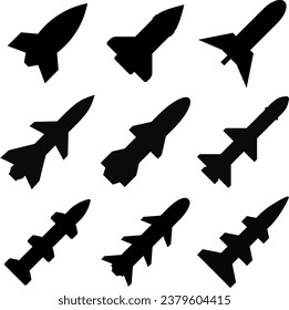 Juego de iconos de misil. Misiles de recursos gráficos para icono, símbolo o signo. Icono vector de misiles cohetes para el diseño de la guerra, el conflicto o el ejército