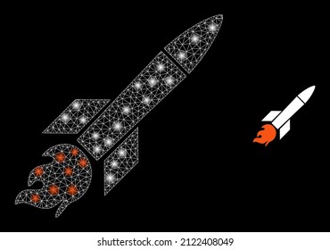 Icono de misil y modelo de misil de malla brillante con manchas de llama. La constelación iluminada se hace a partir del icono del vector de misiles y la malla triangular. Misil de marco iluminado, sobre un fondo negro.