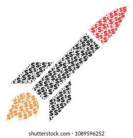 Missile launch collage of dollars and spheric dots. Vector banking icons are combined into missile launch shape.