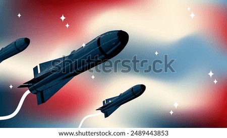 Missile launch collage on colorful blurred abstract background. Retro style vector illustration