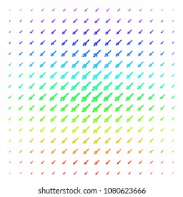 Missile Launch icon spectrum halftone pattern. Vector missile launch objects arranged into halftone grid with vertical rainbow colors gradient. Designed for backgrounds,