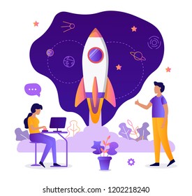 Missile launch. Start new business projects. Startup concept. Teamwork. Web development. Flat vector illustration.