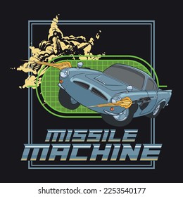 Afiche de ilustración de la máquina de misiles con un coche clásico utilizando un arma para disparar el diseño