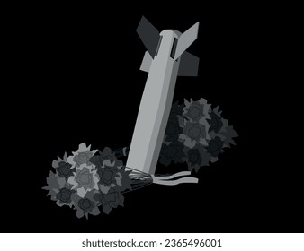 Eine Rakete auf schwarzem Hintergrund neben Beerdigung von schwarz-weißen Bouquets