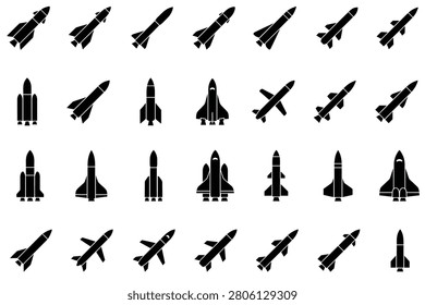Missile and rocket icon tool set for aerospace and defense. Comprehensive collection of black rocket and missile silhouettes in various designs. Simple flat style on white. Ideal for gaming UI icons, educational materials, or aerospace infographics.