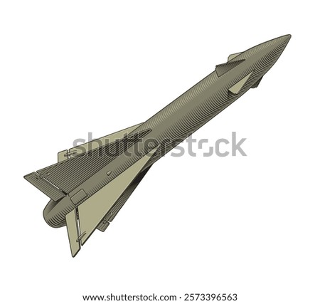 Missile or rocket launch, atomic or nuclear warhead bomb flight isolated on the white background. Offensive weapon concept vector illustration.