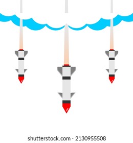 Missile rocket warhead launch frying air strikes in war with white background icon flat vector design.