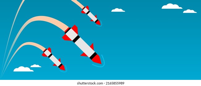 Missile rocket warhead launch frying air strikes in war with white clouds and blue sky background flat vector design.