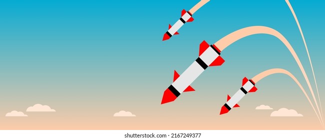 Lanzamiento de ojivas misilísticas fricando ataques aéreos en guerra con diseño vectorial plano del icono de la bandera de fondo del cielo crepúsculo nocturno.