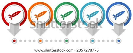 Missile, rocket, weapon, war vector icon set, flat design infographic template, set pointer concept icons in 5 color options for webdesign and mobile applications