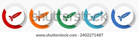 Missile, rocket, weapon, war vector icon set, flat icons in 5 color options for logo design, webdesign and mobile applications, colorful round buttons