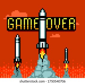 Ataque con misiles. Juego sobre fondo. Ilustración de arte de Pixel