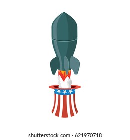 Missile USA. Rocket fly of hat Uncle Sam. American air bomb. America defense weapons 