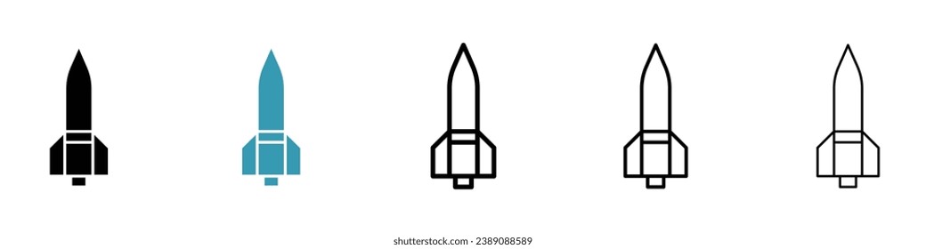 Ilustración vectorial de misiles. Icono de línea de misil balístico nuclear en color blanco y negro.