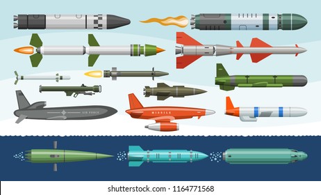 Missile vector military missilery rocket weapon and ballistic nuclear bomb illustration militarily set of rocket-propelled warhead isolated on background