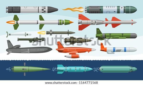 背景にミサイルのベクター画像軍用の不斉ロケット兵器と弾道核爆弾イラストロケット推進弾頭セット のベクター画像素材 ロイヤリティフリー