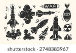 Missile weapon hand drawn illustration set. War doodle illustration of air strike, missile, bomb, nuclear weapon. Collection of missile launches and explosion sketch style vector elements.