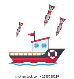 Missiles attacking ship vector illustration. Cartoon drawing of bombs flying towards or falling on sea vessel isolated on white background. Military, navy, conflict concept