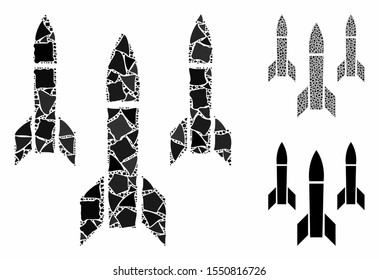 Missiles composition of unequal pieces in various sizes and color tints, based on missiles icon. Vector irregular pieces are combined into collage. Missiles icons collage with dotted pattern.