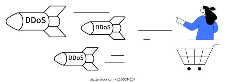 Missiles labeled DDoS targeting a woman in a shopping cart. Ideal for cybersecurity, online shopping, DDoS attacks, e-commerce protection, and internet security. Simple vector style