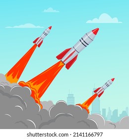 Columna de lanzamiento y despegue de misiles. Lanzamientos de misiles de combate. Ilustración del vector