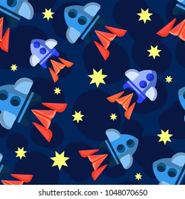 Missiles and stars on a blue background. Children's seamless pattern. Vector stock 02