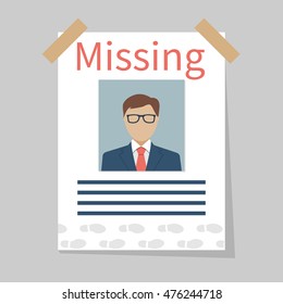 Missing announce. Wanted man. Vector illustration flat design.