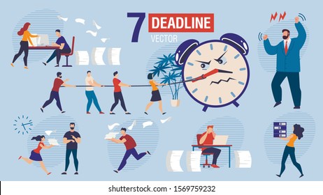 Missing Business Project Deadline Trendy Flat Vector Scenes Set. Businesspeople Characters, Office Workers Hurrying to Finish Work, Running with Documents, Angry Boss Arguing on Employees Illustration
