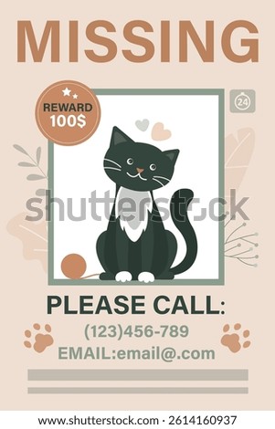 Missing cat poster with cartoon pet. Concept of lost domestic animal. Paper ad on the wall about the missing cat. Pet search. Vertical poster or banner template. flat vector illustration