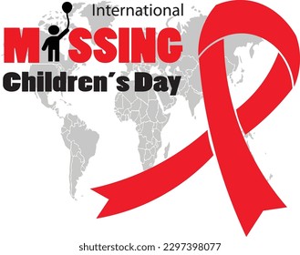 missing child day commemoration with a red circular ribbon and a world background for vigilance in protecting children