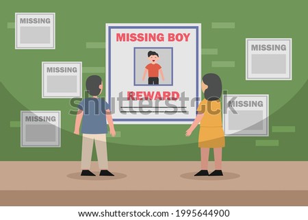 Missing child vector concept: Young parents put missing boy poster on the wall while standing on the street