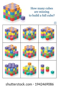 Missing cubes. How many gaps, holes, blanks are there to get a full cube? 3d spatial perception exercise. Colorful counting game with solution. Vector illustration on white.
