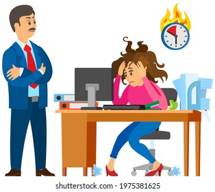 Missing deadline, bad time management. Work in high stress conditions and under hard boss pressure. Scene of tired, nervous, stressed people clutches head at work, many tasks. Deadline metaphors