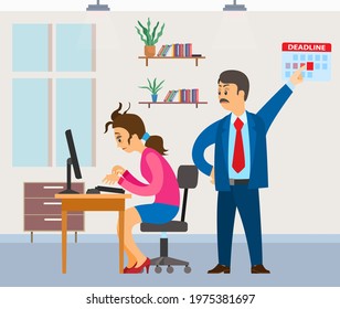 Missing deadline, bad time management. Work in high stress conditions and under hard boss pressure. Scene of tired, nervous, stressed people clutches head at work, many tasks. Deadline metaphors