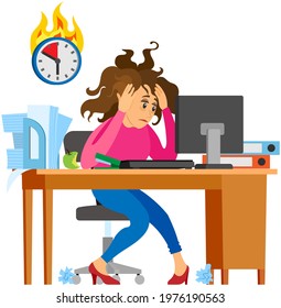 Missing deadline, bad time management. Work in high stress conditions and under hard boss pressure. Scene of tired, nervous, stressed people clutches head at work, many tasks. Deadline metaphors