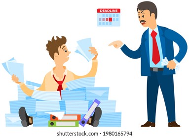 Missing deadline, bad time management. Work in high stress conditions and under hard boss pressure. Scene of tired, nervous, stressed people clutches head at work, many tasks. Deadline metaphors