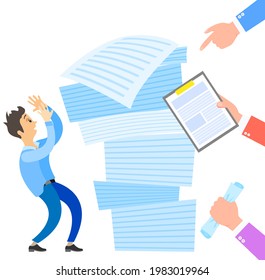 Missing deadline, bad time management. Work in high stress conditions and under hard boss pressure. Scene of tired, nervous, stressed people clutches head at work, many tasks. Deadline metaphors