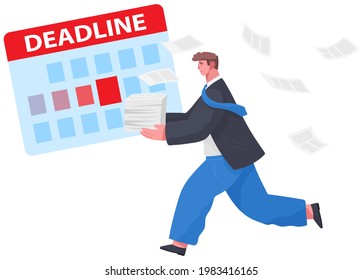 Fehlende Frist, schlechtes Zeitmanagement. Arbeiten Sie unter hohen Belastungen und unter hartem Bossdruck. Szene von müden, nervösen, gestressten Menschen klopft an der Arbeit, viele Aufgaben. Deadline-Metaphern