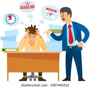Missing deadline, bad time management. Work in high stress conditions and under hard boss pressure. Scene of tired, nervous, stressed people clutches head at work, many tasks. Deadline metaphors