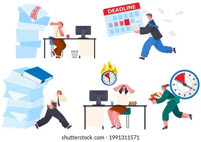 Missing deadline, bad time management. Work in high stress conditions and under hard boss pressure. Scene of tired, nervous, stressed people clutches head at work, many tasks. Deadline metaphors