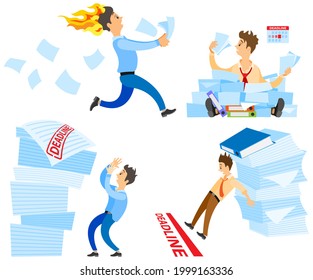 Missing deadline, bad time management. Work in high stress conditions and under hard boss pressure. Scene of tired, nervous, stressed people clutches head at work, many tasks. Deadline metaphors