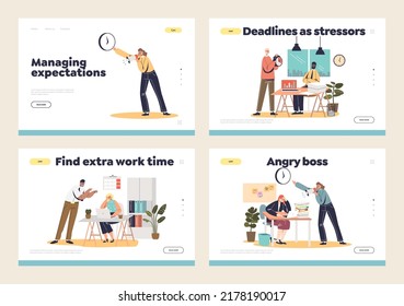 Missing deadline and stress from angry boss concept of landing pages set with furious leaders shouting on employees overloaded with extra work before deadline. Cartoon flat vector illustration