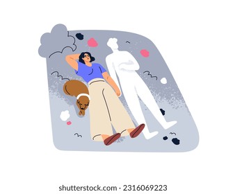 Desaparecido esposo muerto, perdido compañero de amor izquierdo. Triste mujer recolectando, recordando, imaginando cónyuge. Pérdida de pareja, concepto de muerte. Ilustración vectorial gráfica plana aislada en fondo blanco