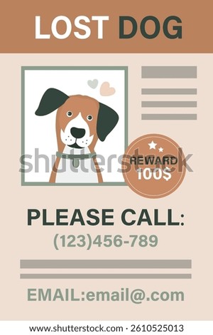 Missing dog poster with cartoon pet. Concept of lost domestic animal. Paper ad on the wall about the missing dog. Pet search. Vertical poster or banner template. flat vector illustration