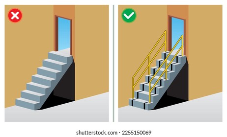 Missing handrail on the staircase for people access. Unsafe work condition and act. Workplace safety do and do not vector illustration.