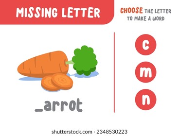 Missing letter (carrot), the alphabet letter vocabulary game for kid. choose a letter to make the word. illustration cartoon vector design on white background. kid and study game concept.